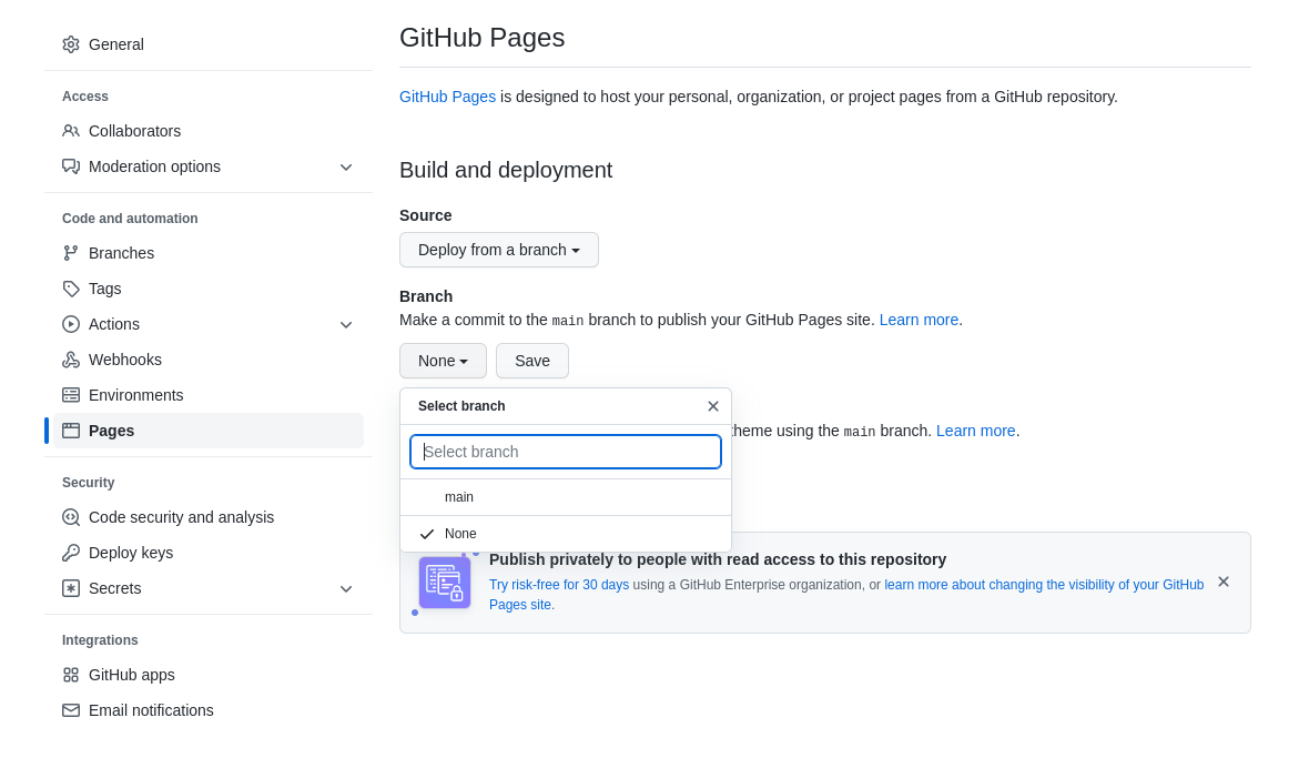 Github repo settings pages